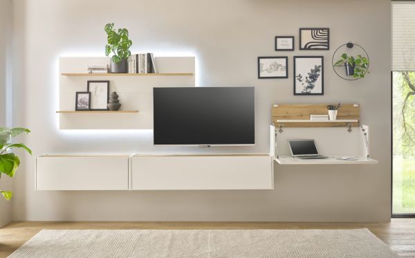 Wandregal Center in wei� und Wotan Eiche Wandpaneel f�r Homeoffice und B�ro 155 x 80 cm