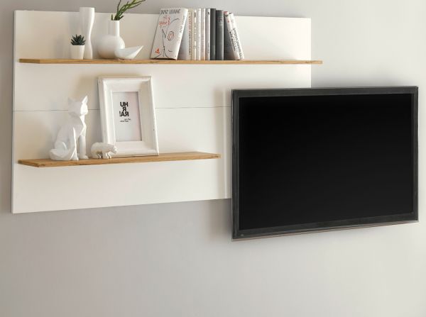 Wandregal Center in wei� und Wotan Eiche Wandpaneel f�r Homeoffice und B�ro 155 x 80 cm