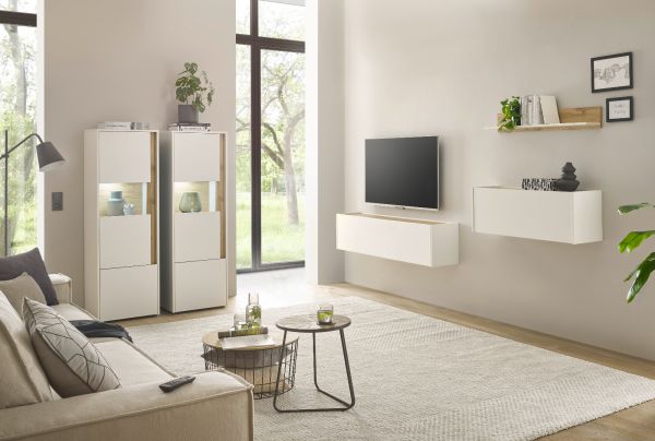 Wohnwand mit Sekret�r Center in wei� und Wotan Eiche Wohnkombination 3-teilig 270 x 170 cm