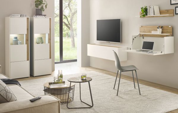Wohnwand mit Sekret�r Center in wei� und Wotan Eiche Wohnkombination 5-teilig 410 x 170 cm