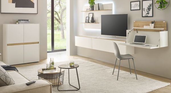 Wohnwand mit Sekret�r Center in wei� und Wotan Eiche Wohnkombination 5-teilig 470 x 180 cm