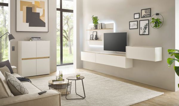 Wohnwand mit Sekret�r Center in wei� und Wotan Eiche Wohnkombination 5-teilig 470 x 180 cm