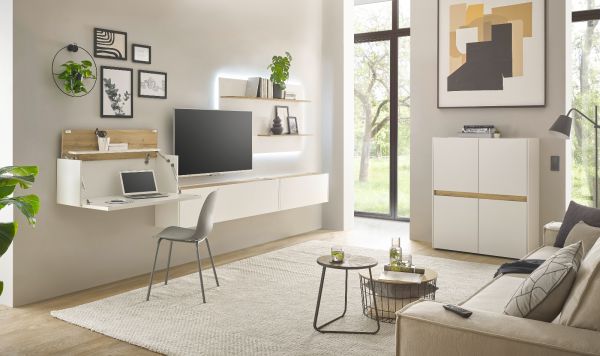 Wohnwand mit Sekret�r Center in wei� und Wotan Eiche Wohnkombination 5-teilig 470 x 180 cm
