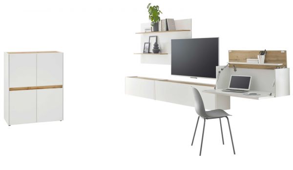Wohnwand mit Sekret�r Center in wei� und Wotan Eiche Wohnkombination 5-teilig 470 x 180 cm