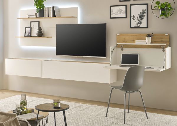Wohnwand mit Sekret�r Center in wei� und Wotan Eiche Wohnkombination 4-teilig 350 x 180 cm