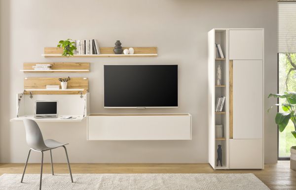 Wohnwand mit Sekret�r Center in wei� und Wotan Eiche Wohnkombination 6-teilig 340 x 200 cm