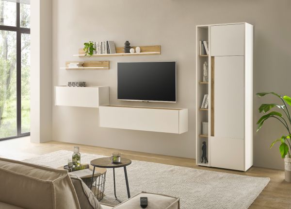 Wohnwand mit Sekret�r Center in wei� und Wotan Eiche Wohnkombination 6-teilig 340 x 200 cm