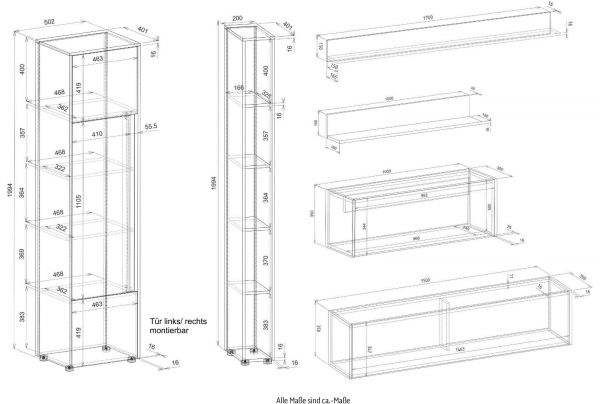Wohnwand mit Sekret�r Center in wei� und Wotan Eiche Wohnkombination 6-teilig 340 x 200 cm