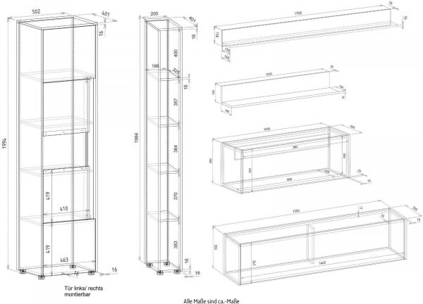 Wohnwand mit Sekret�r Center in wei� und Wotan Eiche Wohnkombination 6-teilig 340 x 200 cm