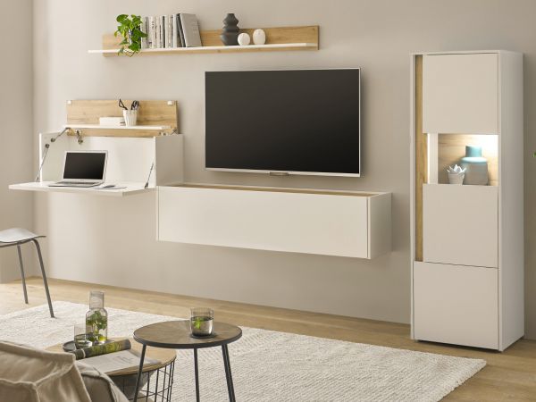 Wohnwand mit Sekret�r Center in wei� und Wotan Eiche Wohnkombination 4-teilig 320 x 170 cm