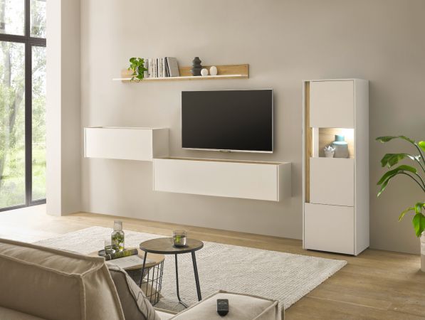 Wohnwand mit Sekret�r Center in wei� und Wotan Eiche Wohnkombination 4-teilig 320 x 170 cm