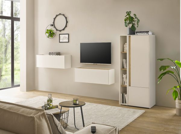 Wohnwand mit Sekret�r Center in wei� und Wotan Eiche Wohnkombination 4-teilig 310 cm