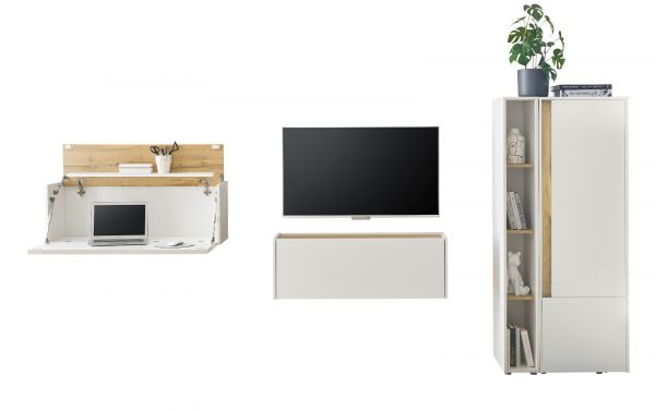 Wohnwand mit Sekret�r Center in wei� und Wotan Eiche Wohnkombination 4-teilig 310 cm