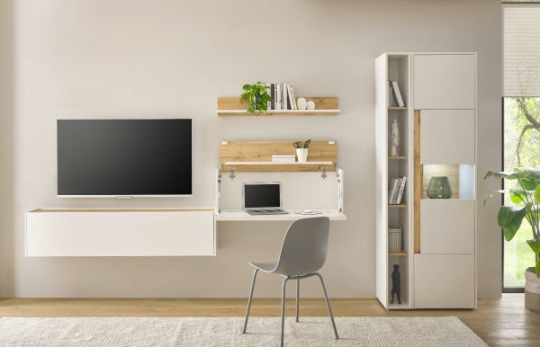Wohnwand mit Sekret�r Center in wei� und Wotan Eiche Wohnkombination 5-teilig 340 x 200 cm