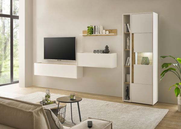 Wohnwand mit Sekret�r Center in wei� und Wotan Eiche Wohnkombination 5-teilig 340 x 200 cm
