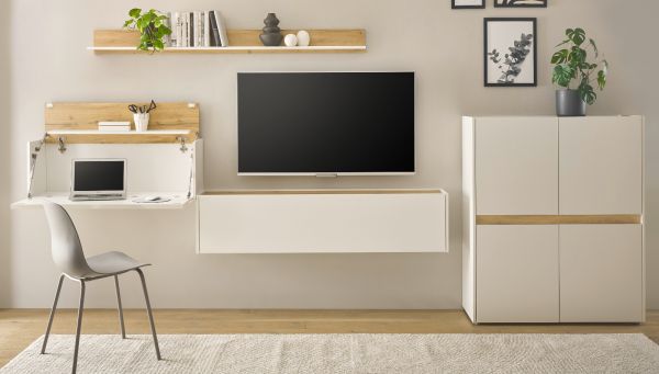Wohnwand mit Sekret�r Center in wei� und Wotan Eiche Wohnkombination 4-teilig 370 cm