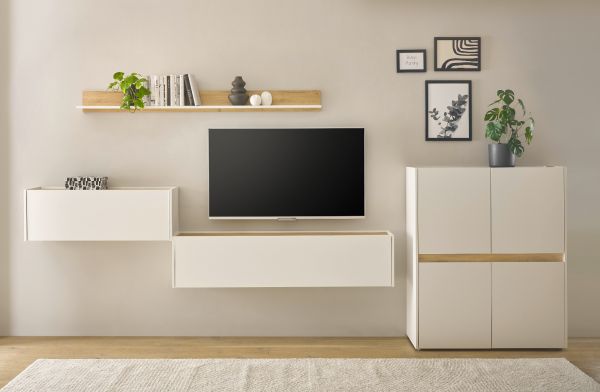 Wohnwand mit Sekret�r Center in wei� und Wotan Eiche Wohnkombination 4-teilig 370 cm