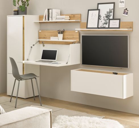 Wohnwand mit Sekret�r Center in wei� und Wotan Eiche Wohnkombination 5-teilig 250 cm