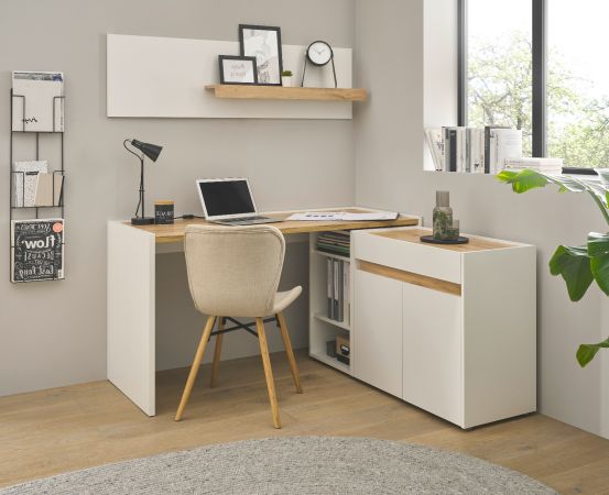 B�rom�bel Set Center in wei� und Wotan Eiche mit Schreibtisch und Aktenregal f�r Homeoffice
