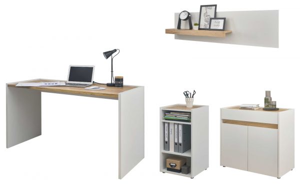 B�rom�bel Set Center in wei� und Wotan Eiche mit Schreibtisch, Kommode und 2 x Regal f�r Homeoffice