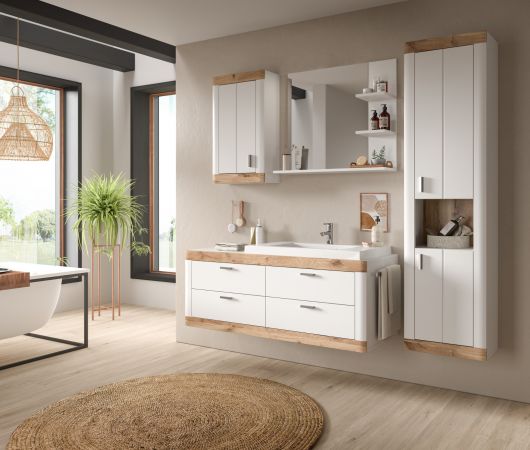 Badezimmer Hochschrank Sopela wei� und Nox Eiche Landhaus H�ngeschrank 45 x 172 cm, Soft-Close