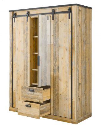 Kleiderschrank Stove in Used Wood hell und anthrazit Schiebet�rent�renschrank 3-t�rig mit Spiegel 163 x 209