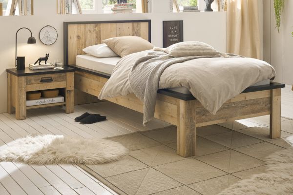 Schlafzimmer Set 2-teilig Stove in Used Wood hell und anthrazit mit Einzelbett Liegefl�che 90 x 200 cm und Nachttisch
