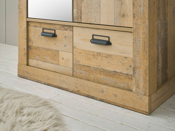 Schlafzimmer Set 4-teilig Stove in Used Wood hell und anthrazit mit Bett, Kleiderschrank, Nachttisch und Kommode