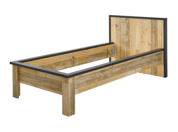Schlafzimmer Set 4-teilig Stove in Used Wood hell und anthrazit mit Bett, Kleiderschrank, Nachttisch und Kommode