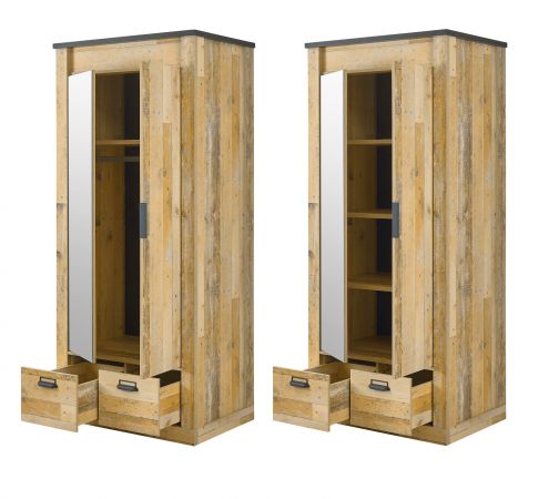 Schlafzimmer Set 4-teilig Stove in Used Wood hell und anthrazit mit Bett, Kleiderschrank, Nachttisch und Kommode