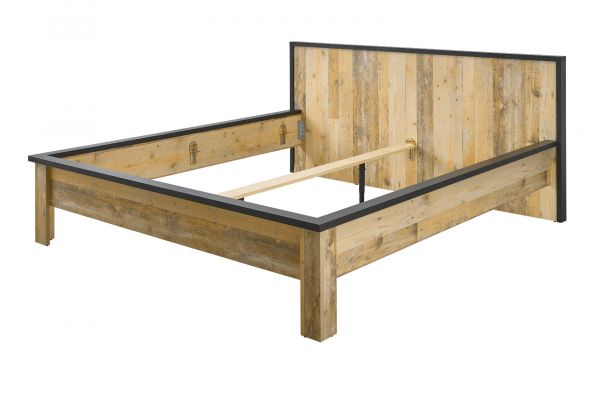 Schlafzimmer Set 5-teilig Stove in Used Wood hell und anthrazit mit Bett, Kleiderschrank, 2 x Nachttisch und Kommode