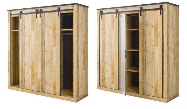 Schlafzimmer Set 5-teilig Stove in Used Wood hell und anthrazit mit Bett, Kleiderschrank, 2 x Nachttisch und Kommode