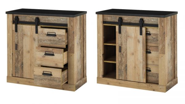 Schlafzimmer Set 5-teilig Stove in Used Wood hell und anthrazit mit Bett, Kleiderschrank, 2 x Nachttisch und Kommode