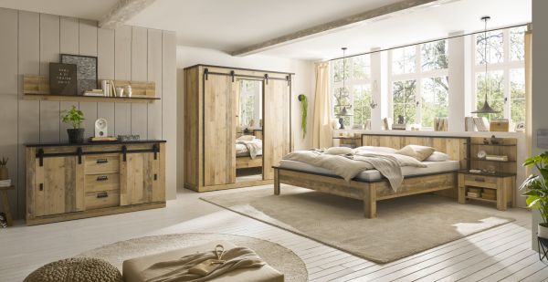 Schlafzimmer Set 8-teilig Stove in Used Wood hell und anthrazit mit Bett, Kleiderschrank, Wandboard, Sideboard, 2 x Wandpaneel und 2 x Nachttisch