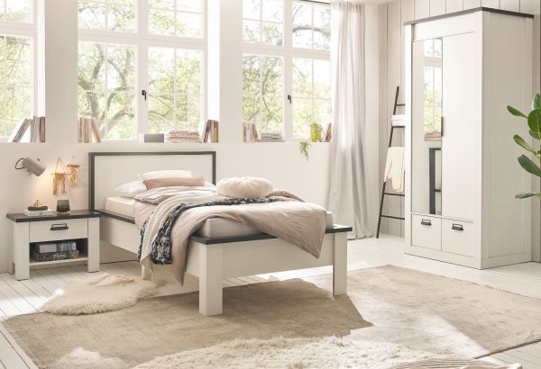 Bett Stove in wei� Pinie und anthrazit Landhaus Einzelbett Liegefl�che 90 x 200 cm