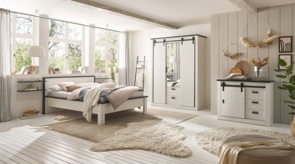 Bett Stove in wei� Pinie und anthrazit Landhaus Einzelbett Liegefl�che 140 x 200 cm