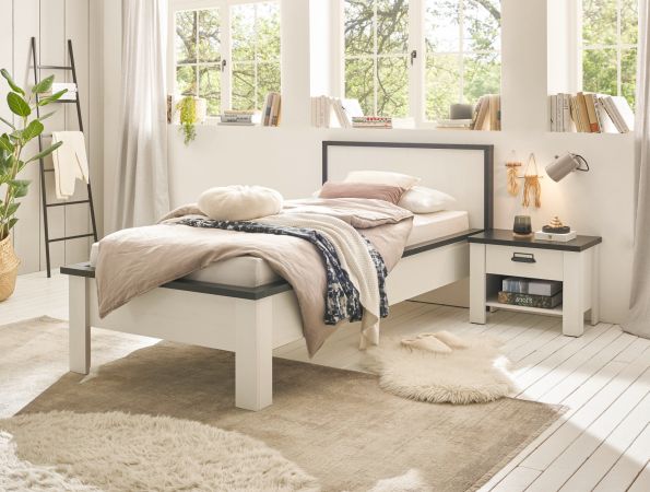 Schlafzimmer Set 2-teilig Stove in wei� Pinie Landhaus mit Einzelbett Liegefl�che 90 x 200 cm und Nachttisch