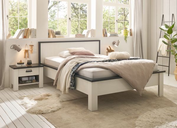 Schlafzimmer Set 3-teilig Stove in wei� Pinie Landhaus mit Einzelbett Liegefl�che 140 x 200 cm und 2 x Nachttisch