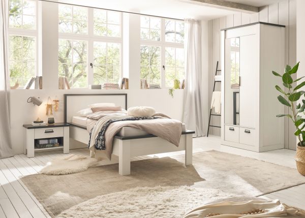Schlafzimmer Set 3-teilig Stove in wei� Pinie Landhaus mit Einzelbett 90 x 200 cm, Kleiderschrank und Nachttisch
