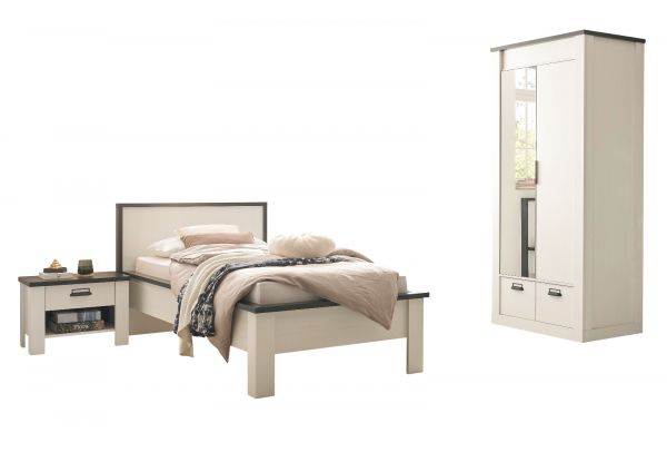 Schlafzimmer Set 3-teilig Stove in wei� Pinie Landhaus mit Einzelbett 90 x 200 cm, Kleiderschrank und Nachttisch