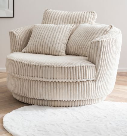 Drehsessel Comfy in wollwei� Mega Cord XL, Loveseat 360� inklusive 3x Kissen