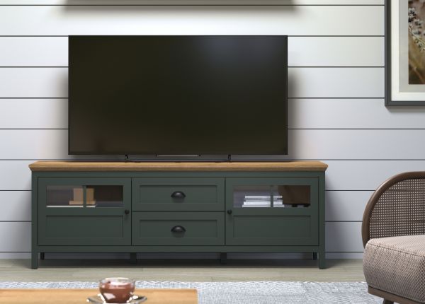 TV-Lowboard Meadow in gr�n und Evoke Eiche Landhaus TV Unterteil mit Komforth�he inklusive LED 184 x 64 cm