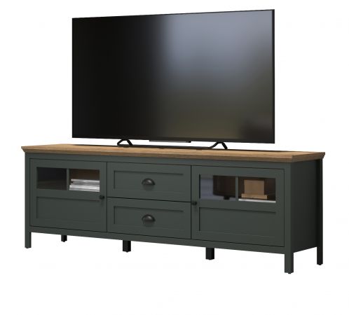TV-Lowboard Meadow in gr�n und Evoke Eiche Landhaus TV Unterteil mit Komforth�he inklusive LED 184 x 64 cm