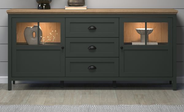 Sideboard Meadow in gr�n und Evoke Eiche Landhaus Wohn- und Esszimmer Kommode inklusive LED 185 cm