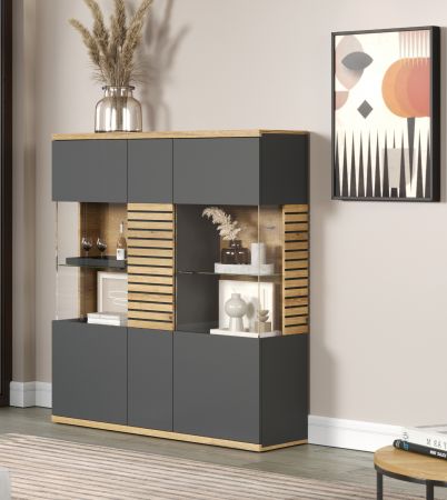 Highboard Norris in grau und Evoke Eiche Wohn- und Esszimmer Vitrine mit Soft-Close 131 x 147 cm