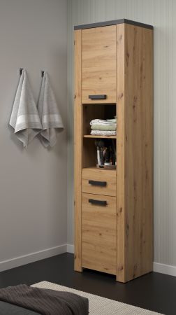 Badezimmer Hochschrank Jorik in Artisan Eiche und Matera grau Badschrank 53 x 196 cm