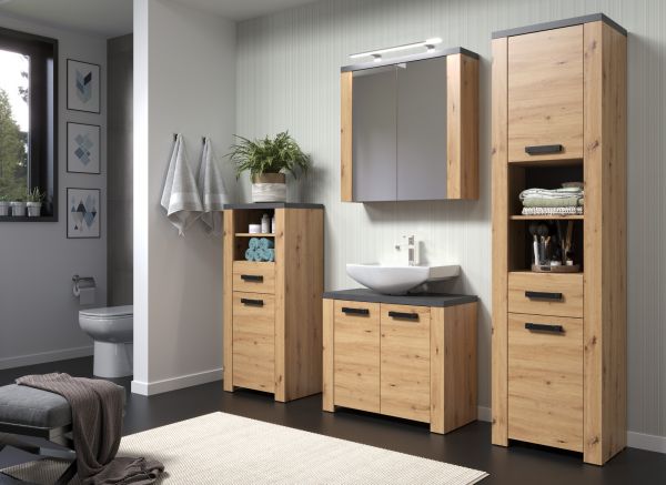 Badezimmer Spiegelschrank Jorik in Artisan Eiche und Grau, Badschrank 2-t�rig 79 x 78 cm
