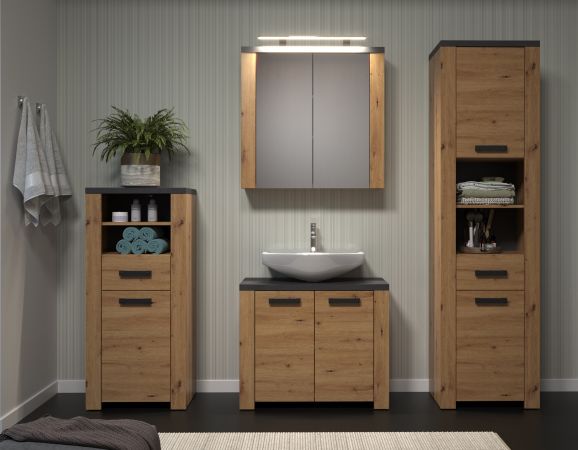Badezimmer Spiegelschrank Jorik in Artisan Eiche und Grau, Badschrank 2-t�rig 79 x 78 cm