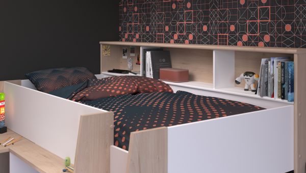 Parisot Hochbett Lucas in wei� und Eiche Kinder- und Jugendzimmer Bett mit Schreibtisch