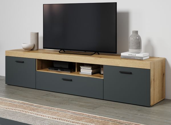 TV-Lowboard Tyler in grau und Evoke Eiche XL TV Unterteil 230 x 52 cm